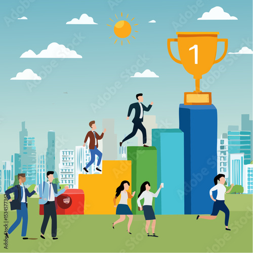 Growth to success, team achievement or teamwork to achieve target, career development or business strategy to win or victory, growing business concept, business people running up graph to troph