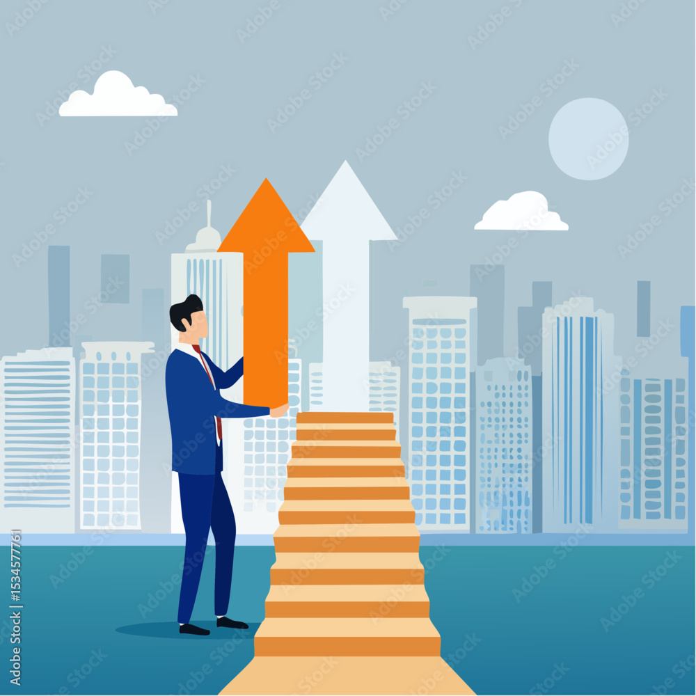 Business growth, career improvement or investment earning profit, personal development, growing business or leadership effort concept, businessman carry box with arrow to stack as stair to succes Business growth, career improvement or investment earning profit, personal development, growing business or leadership effort concept, businessman carry box with arrow to stack as stair to succes