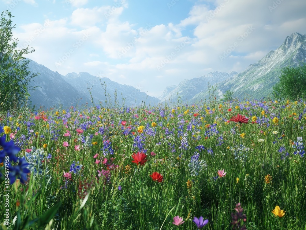 Obraz premium A detailed visualization of wildflowers and biodiversity in untouched meadows highlighting environmental importance.