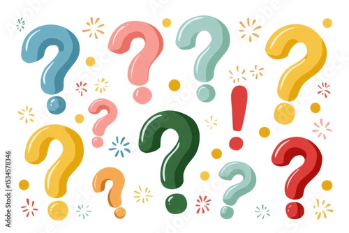 Colorful question marks and exclamation point surrounded by festive sparkles