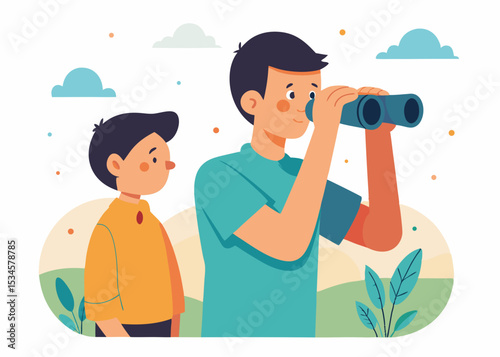 Man and boy looking through binoculars, outdoors, for family bonding illustrations