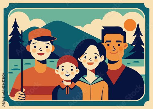 Happy family portrait, a father and son fishing, with copy space