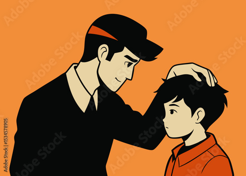 Father and son bonding, sharing a moment of affection, orange tones, for family blogs