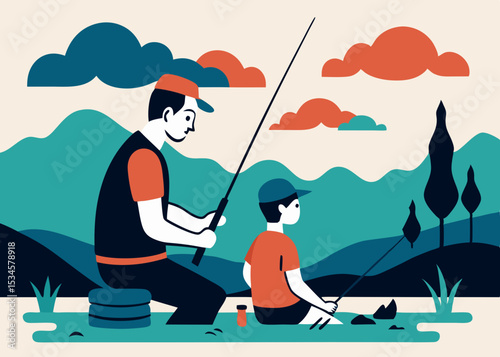 Father and son fishing by the lake, a bonding experience, for Father's Day cards