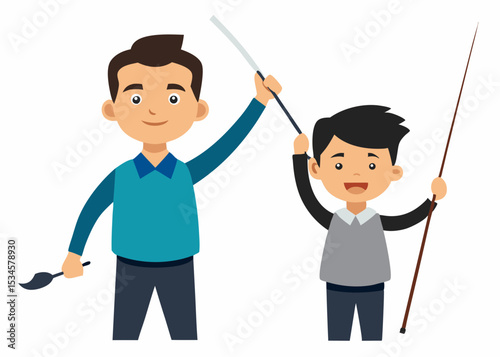 Man and boy holding fishing rods, ready for adventure, illustration