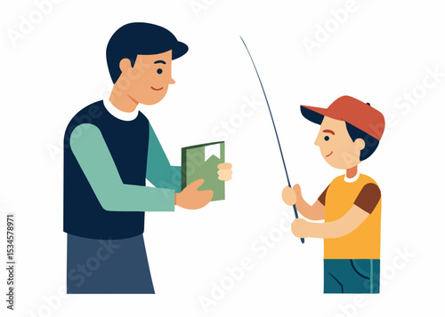 Father and son preparing for a fishing trip, illustration, gentle colors, book and fishing rod, family bond, memory making