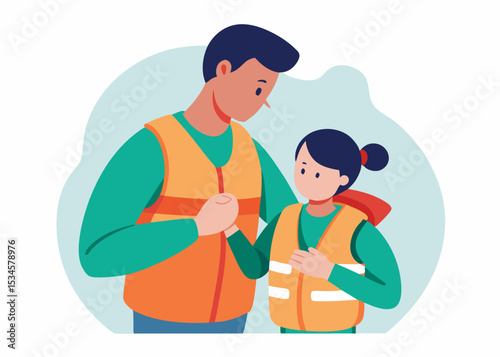 Father and daughter bonding, wearing life vests, for safety, with copy space