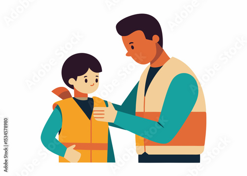 Father and son fishing trip preparation safety measures illustration, for blogs and websites