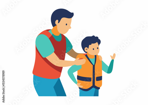 Father and son fishing trip preparation safety instructions illustration, for blogs and websites
