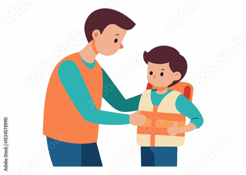 Father helping son with life vest, preparing for a fun day, with copy space