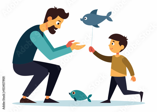 Father and son playtime, fun memories, illustration, colorful style, family bond, for website design