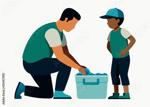 Father and son organizing groceries, together, for food donation, with copy space