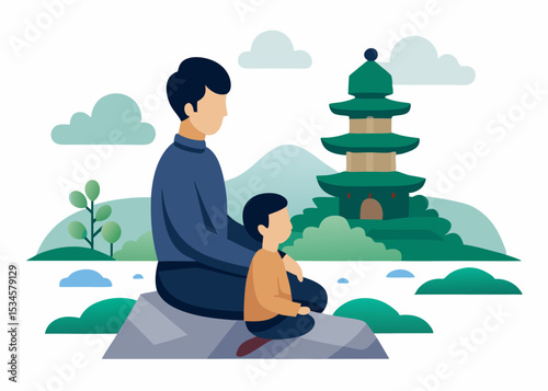 Father and child peacefully sitting by a lake, near a pagoda, with copy space