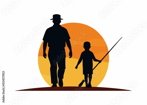 Father and son silhouette, fishing at sunset, for family bonding, with copy space