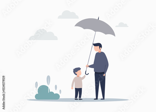 Father and son under umbrella, a family bond illustration, with copy space