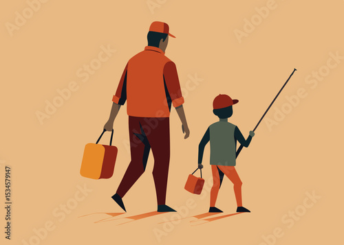 Father and son walking, carrying fishing gear, simple illustration style, warm tones, for family blogs