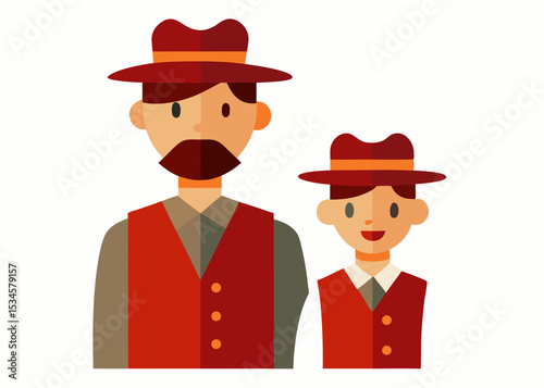 Father and son, wearing matching vests and hats, flat style illustration, for family blogs