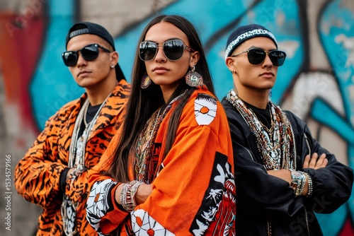 Three young native americans posing with crossed arms and sunglasses photo