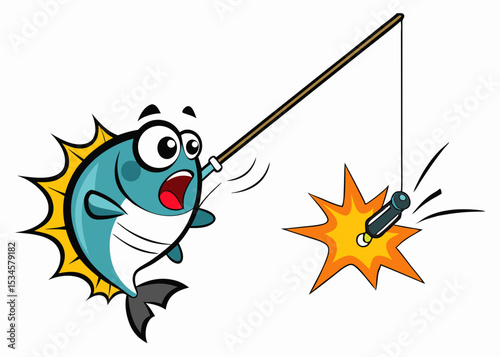 Cartoon fish reacting to bait, illustration, bright colors, for kids book
