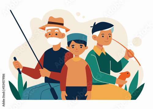 Three generations fishing together, enjoying nature, for family blogs