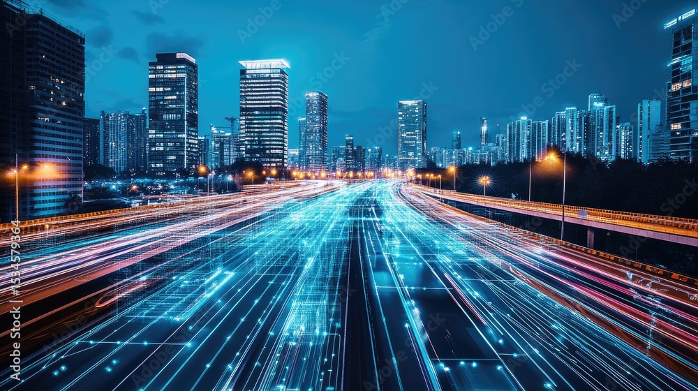 Fototapeta premium Futuristic Cityscape at Night with Light Trails and Modern Skyscrapers Creating a Vibrant Urban Atmosphere
