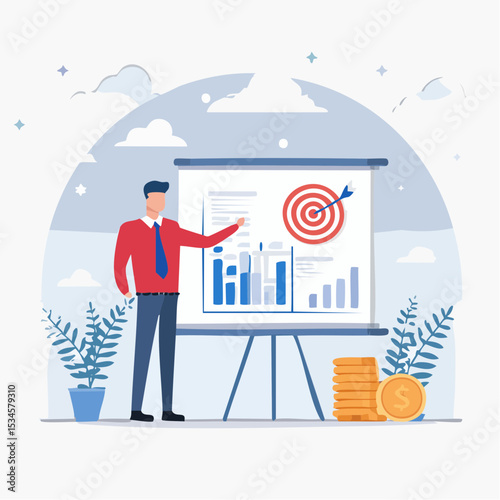 Business strategy planning, marketing tactic or winning strategy to achieve target, project blocker and solution to be success concept, smart businessman presenting business strategy on whiteboar