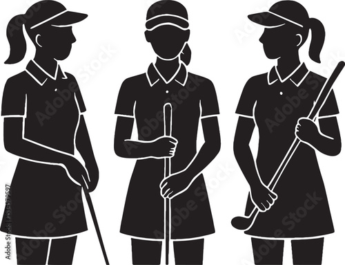 Three women holding clubs side by side, black icon on white background