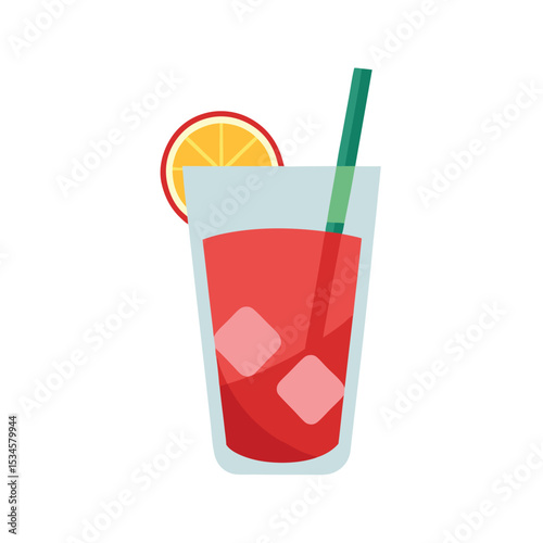 Refreshing Red Summer Cocktail Ice Cubes, Orange Slice, and Straw