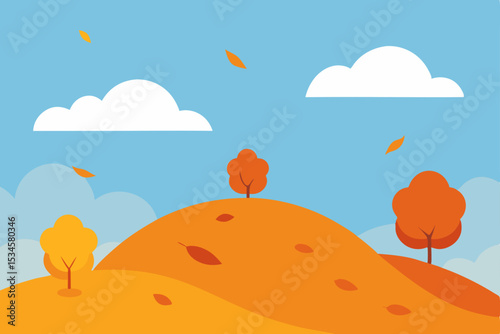 Autumn Hilltop Landscape Colorful Trees, Falling Leaves, and Serene Sky