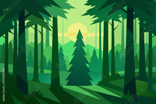 Serene Evergreen Forest A Majestic Landscape Illustration