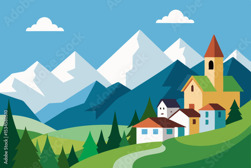 Serene Mountain Village Picturesque Landscape Illustration