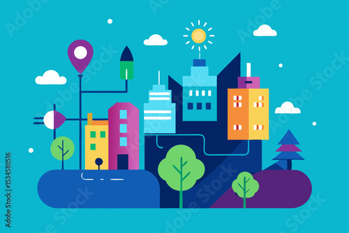 Vibrant Cityscape A Colorful Illustration of Urban Life and Modern Architecture