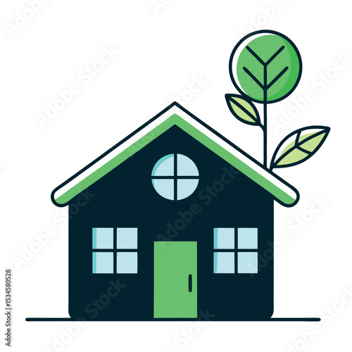 Simple vector line art of an eco-friendly house with leaf or solar symbols. Ideal for sustainability apps, green building, smart home tech, and environmental projects.