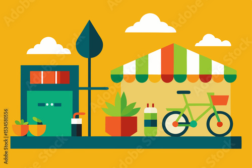Vibrant City Street Scene Eco-Friendly Shop, Bicycle, and Urban Greenery