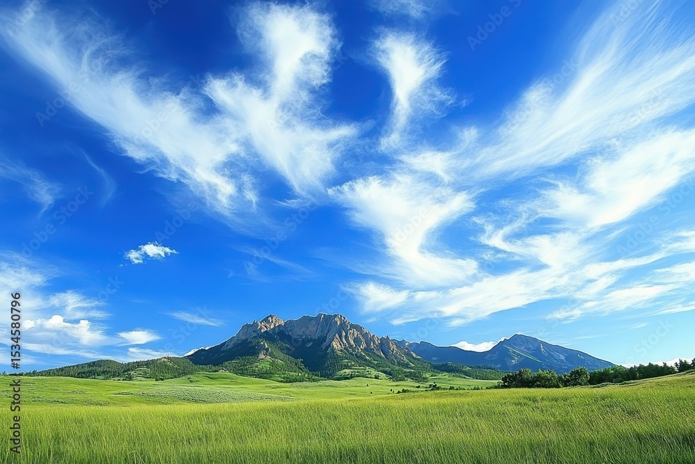 Obraz premium Breathtaking Flatirons Beneath a Clear Colorado Blue Sky, Showcasing Vibrant Summer Landscapes and Lush Green Fields