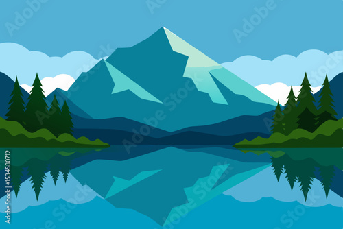 Serene Mountain Lake Reflection A Picturesque Landscape Illustration
