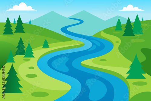 Serene River Landscape Winding Waters Through Lush Green Hills and Mountains
