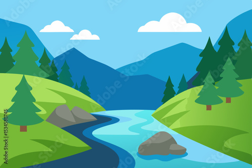Serene Mountain River Landscape A Picturesque Vista of Nature's Beauty