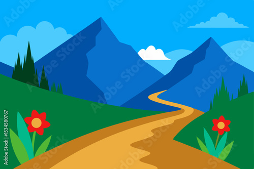 Serene Mountain Vista Winding Road Through Majestic Peaks and Lush Meadows