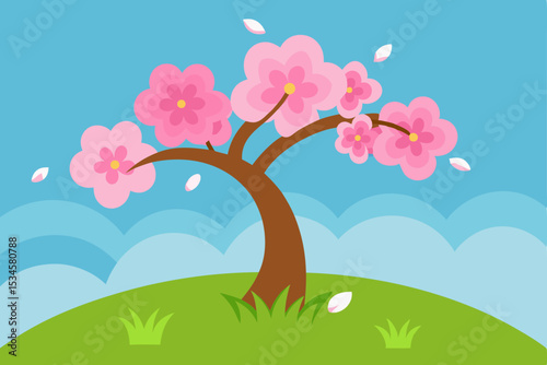 Spring Blossoms Delicate Pink Cherry Tree in Gentle Breeze Illustration