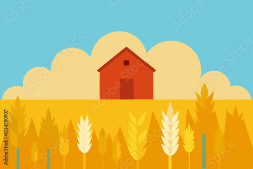 Rustic Farm Scene Golden Wheat Field and Red Barn Illustration