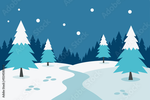 Winter Wonderland Snowy Landscape with Winding Path and Pine Trees