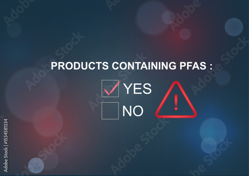 Products containing PFAS warning checklist with YES selected and red alert triangle. Professional template for consumer awareness campaigns. PFAS concept. Products Contain PFAS. Vector illustration