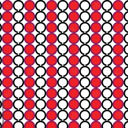 seamless geometric pattern, grid pattern, red solid circles and white hollow circles, verticality and rhythm due to the column-wise arrangement of colors and shapes, vertical stripes or columns