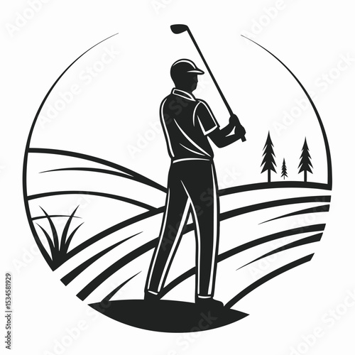 Golf Player Silhouette Black and White Golf Course Landscape Design Monochrome Illustration