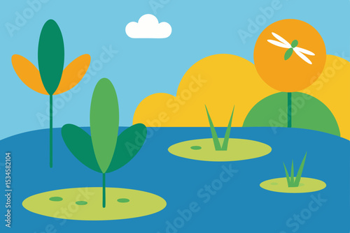 Summer Meadow Dragonfly, Plants, and Pond Illustration