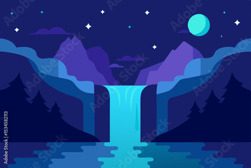 Serene Night Waterfall A Tranquil Mountain Landscape Illustration