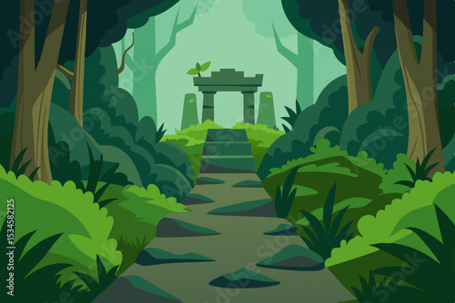 Enigmatic Jungle Temple Mysterious Stone Pathway Leading to Ancient Ruins in Lush Forest