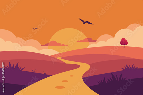 Sunset Path A Serene Winding Road Leading to the Orange Horizon