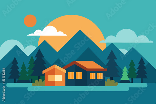 Mountain Cabin Retreat Serene Sunset Landscape Illustration